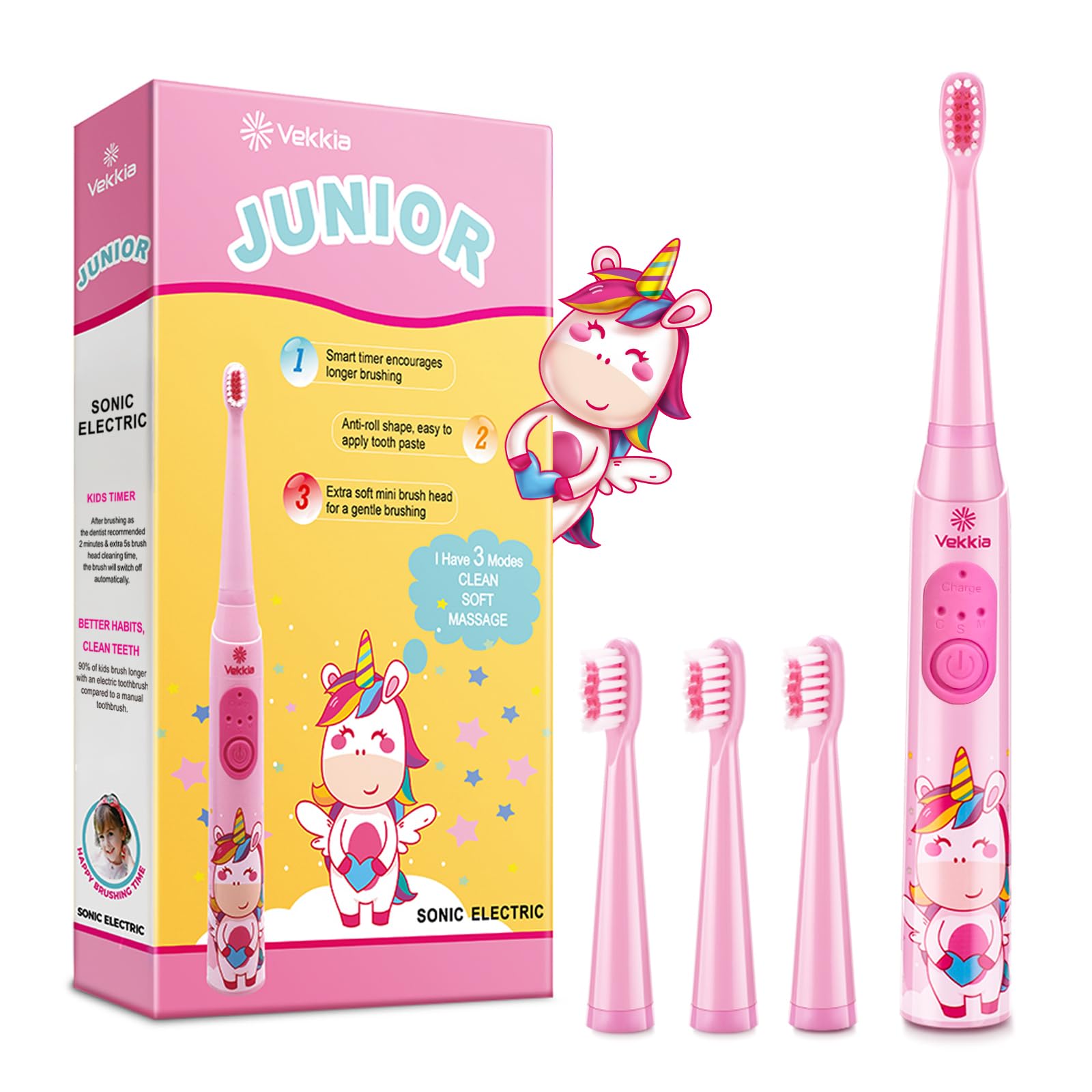 Amazon.com: Vekkia Rechargeable Kids Electric Toothbrush(Pink) | 3